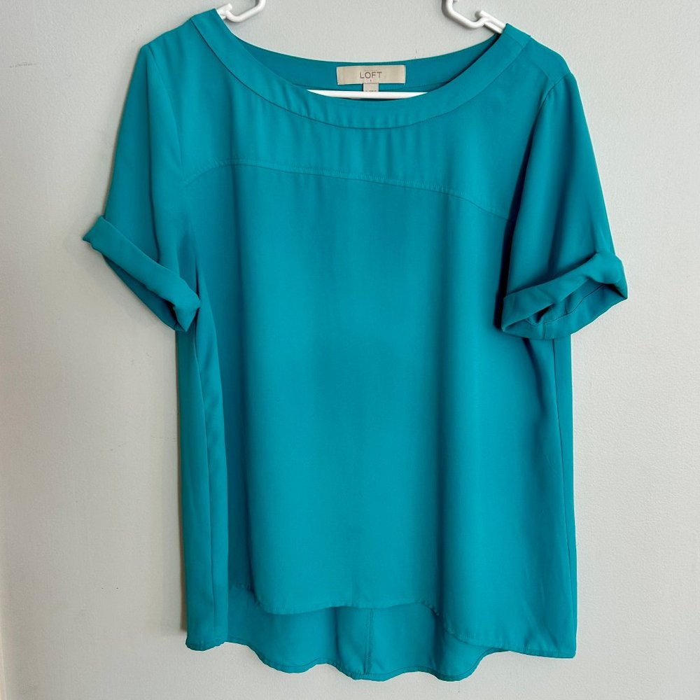 Turquoise Silky Short-Sleeve Blouse by LOFT, Size S